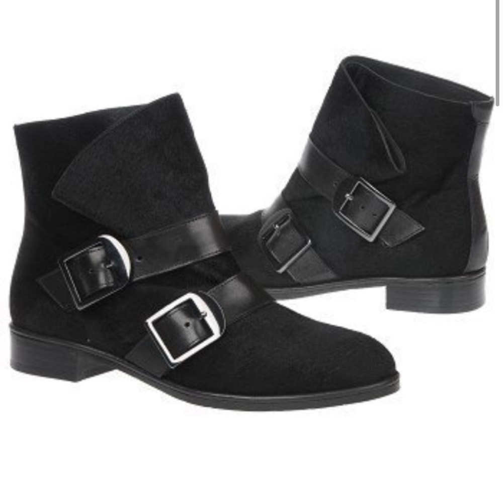 Via Spiga leather black calf hair buckle ankle boots